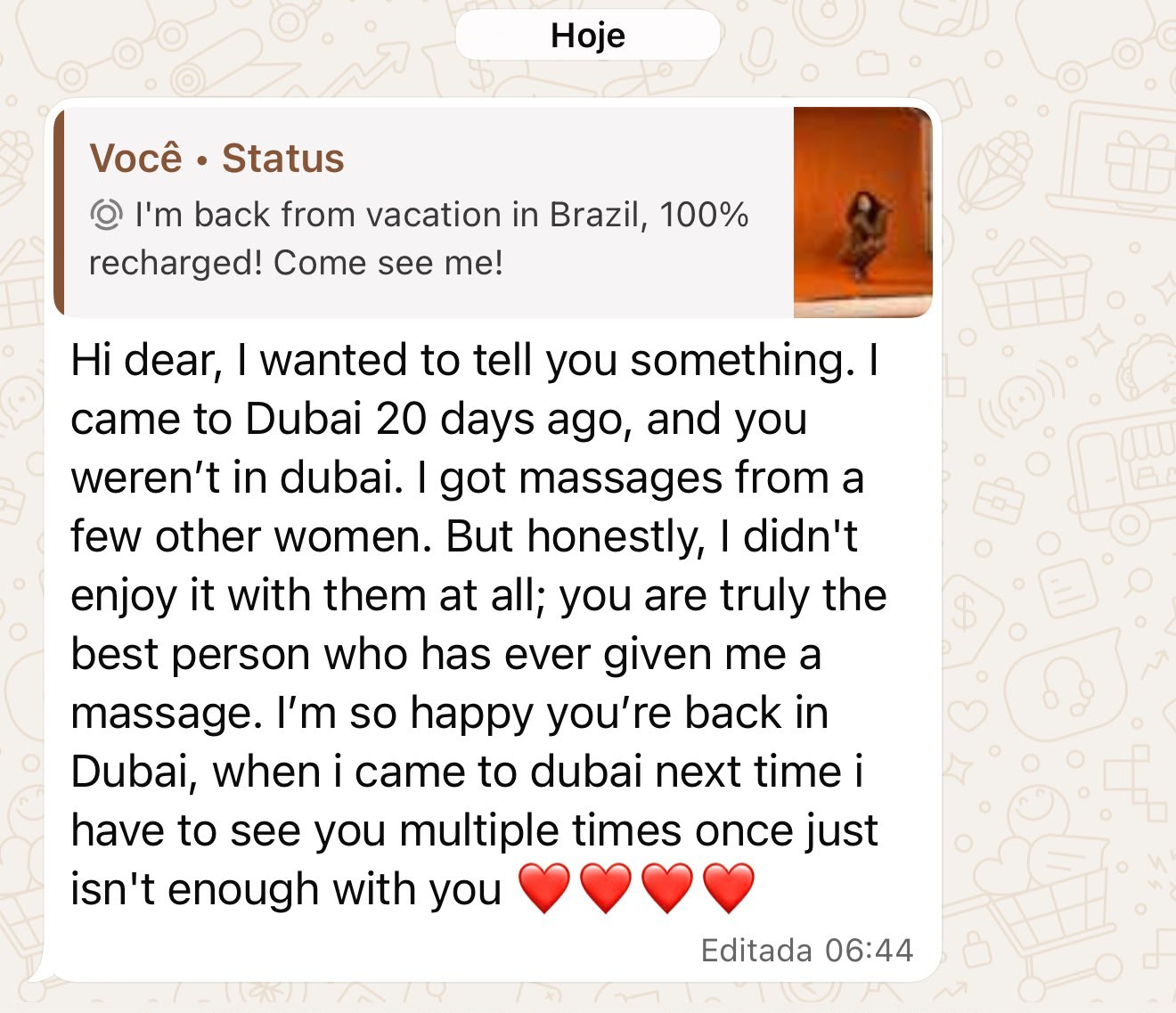WhatsApp testimonial from a private client saying Larissa gave the best massage they had experienced.