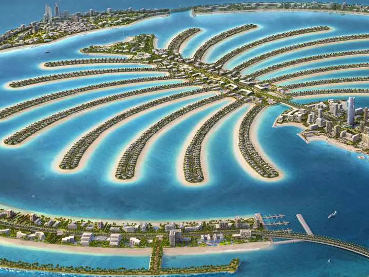 Aerial view of Palm Jumeirah and Atlantis The Royal in Dubai